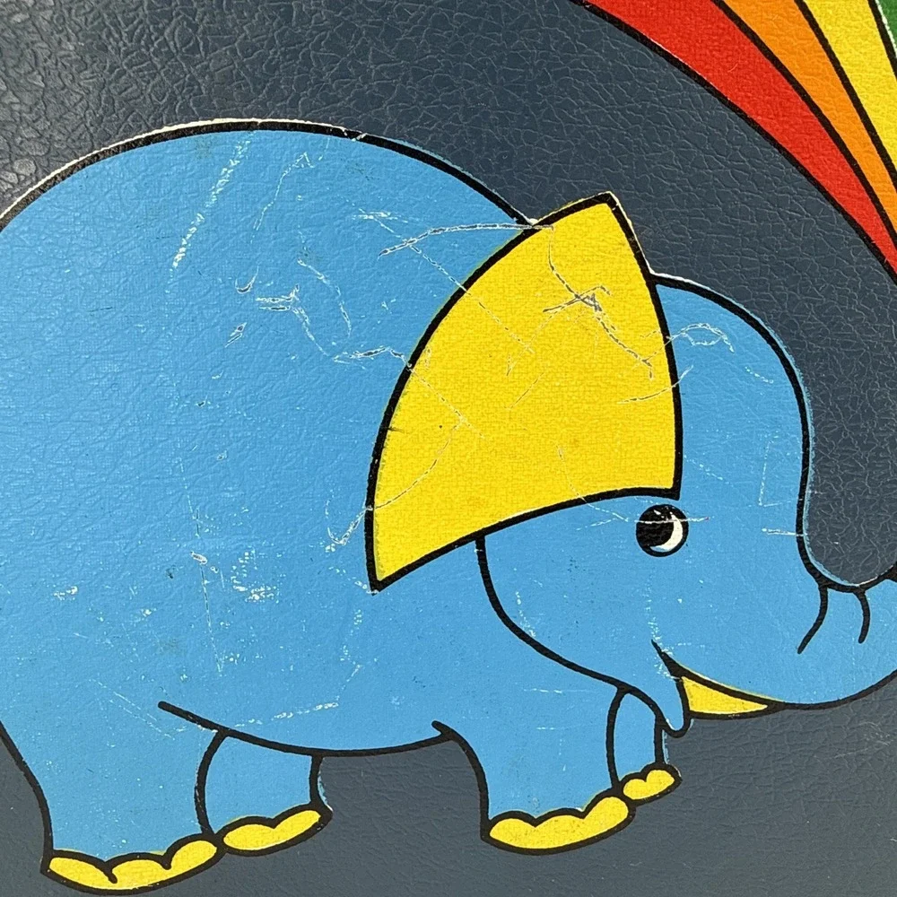 VTG 60s 70s Blue Elephant Rainbow Vinyl Kid's Hard Case Whimsical Suitcase